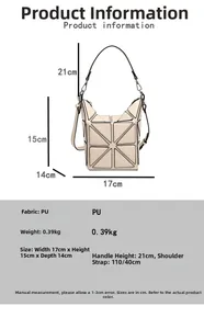 Detail view of beige geometric bucket bag with precise dimensions and PU material info