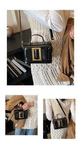 Détail d'un sac à main élégant en cuir noir avec une grande boucle dorée et une poignée