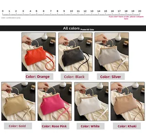 Detail view of woven clutch bags in 7 colors with metal pearl clasps and measuring ruler