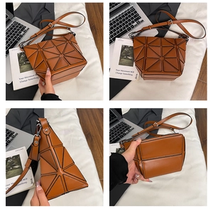 Detailed views of a brown geometric bucket bag featuring foldable triangular panels and straps