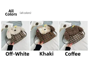 Tre colori di borse a tracolla scozzesi con cucciolo di peluche in bianco, kaki e caffè