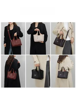 Collage di borse tote in pelle in quattro colori che mostrano stili a mano e a tracolla