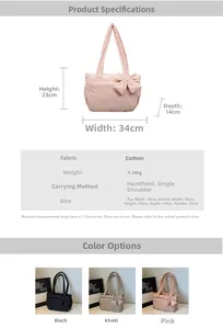 Detailed view of pink quilted tote bag with bow accent and specific size dimensions