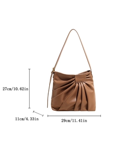 Brown vintage pleated tote bag with fashion leather tag and dimension annotations