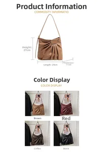 Detail showing dimensions 29x27x11cm and four color options for the pleated tote bag