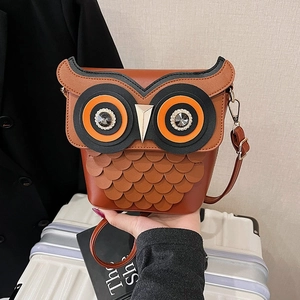 Owl Shaped Crossbody Bag PU Leather Rhinestone Eye Decor Novelty Animal Bucket Shoulder Purse For Women