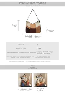 Detailed size specifications of the color-block PU leather tote bag with dimensions