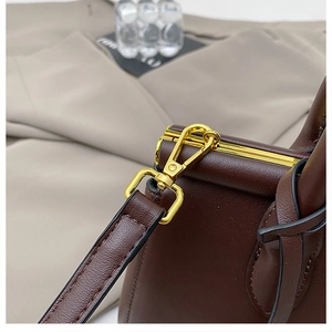 Macro view of gold metal hardware and premium brown leather texture on handbag