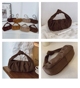 Detailed views of pleated cloud handbag with knotted handles in various earthy tones