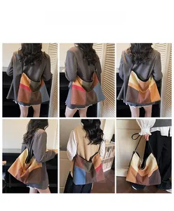 Detailed views showing the multi-color patchwork canvas tote with wide shoulder strap