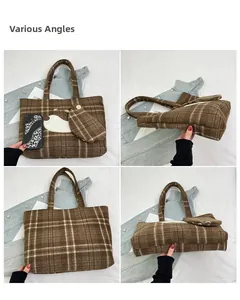 Viste multi-angolo di una borsa tote a quadri marroni con toppa a forma di cane
