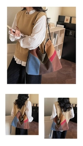 Detail showing retro color-block canvas tote bag with contrast stitching and shoulder strap