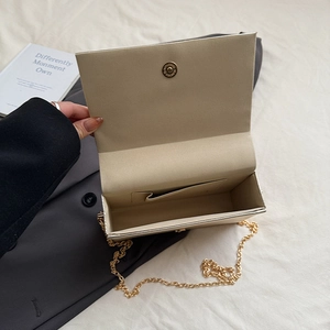 Beige rhinestone box clutch with gold chain strap shown open on a fabric background