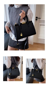 Three-way view of a black satchel with gold hardware showing hand-carry and shoulder styles