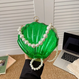 Women Shell Shaped Evening Bag Transparent Acrylic Candy Color Handbag Pearl Beaded Strap Crossbody Purse For Wedding Party