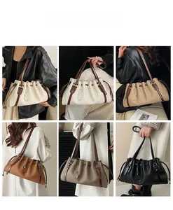 Various color options for women drawstring bucket bag showing different styling on model