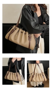 Detail showing beige drawstring bucket bag with brown straps in various carrying styles