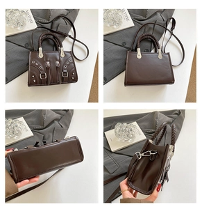 Detailed four-angle view of a dark brown punk style bag with rivet and zipper accents