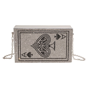 Silver evening clutch bag with sparkling rhinestones and Ace of Spades poker pattern