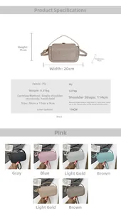 Size guide for PU box bag showing 20x11x9cm dimensions and six available colors