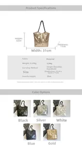 Detailed chart showing size dimensions and five color options for the star-quilted tote bag