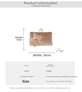 Size specifications of champagne evening box bag with velvet floral details