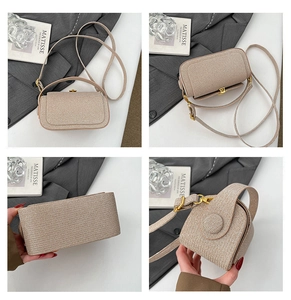 Detailed views of the woven texture and golden metal lock on this apricot crossbody bag