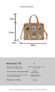 Detailed dimension chart for brown tote bag featuring tarot cat illustrations and PU material
