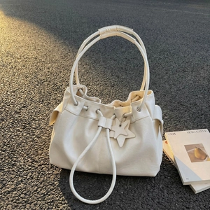 Women PU Leather Tote Bag With Star Charm Drawstring Closure Bucket Shoulder Underarm Bag Large Capacity Commuter Casual
