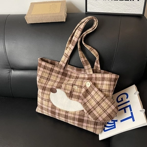 Borsa Tote A Quadri E Pochette Per Donna Grande Capacità Toppa Cane Cartone Animato Borsa A Spalla Vintage Tessuto Di Lana Scuola