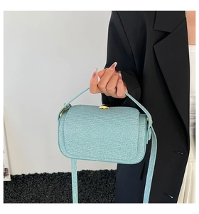 Close-up of light blue box bag with woven texture and gold metal clasp detail