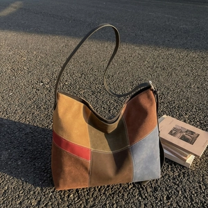 Retro Patchwork Color Block Large Capacity Tote Bag Women PU Matte Leather Casual Hobo Shoulder Crossbody Bag