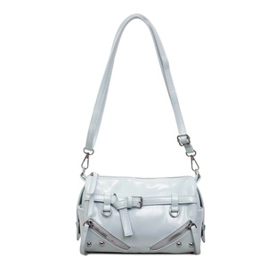 Light blue faux leather pillow bag with silver studs and multi-zipper motorcycle style