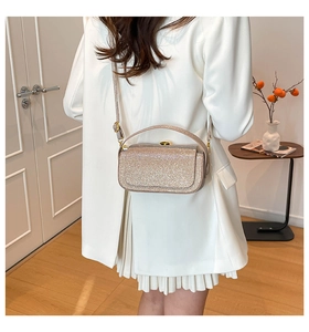 Champagne gold sequin box bag with metal twist lock shown on a model in an urban setting