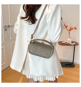 Sparkling silver rhinestone box bag worn by model in elegant white outfit