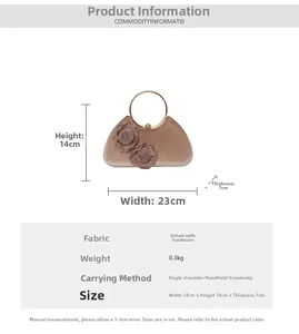 Detailed size chart of velvet evening clutch bag with rose decor and ring handle