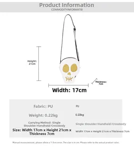 White skull-shaped cross-body bag dimensions 17x21x7cm and 0.22kg weight details