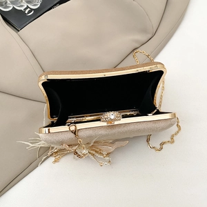 Macro view of champagne clutch bag with rhinestone buckle and feather fringe detail
