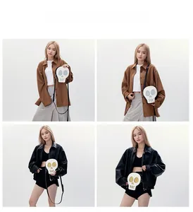 Quirky skull-shaped crossbody bag shown on models with casual and leather outfits