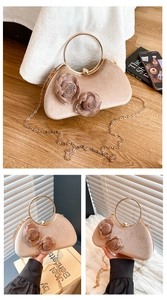 Detail of velvet evening bag featuring 3D fabric roses and a round golden handle
