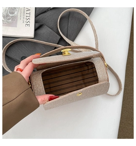 Detail of glitter box bag interior showing striped lining and golden buckle closure