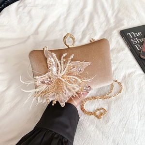 Elegant Velvet Evening Clutch Bag With Rhinestone Ring Clasp Artificial Pearl Feather Decoration And Metal Chain For Women Party