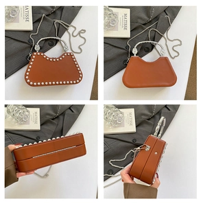 Detailed four-angle views of brown semi-moon box bag with silver studs and metal handle