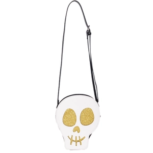 Quirky skull-shaped crossbody bag in white leather with gold glitter face detail