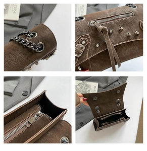 Detailed view of brown vintage motorcycle bag showing silver studs and leather texture