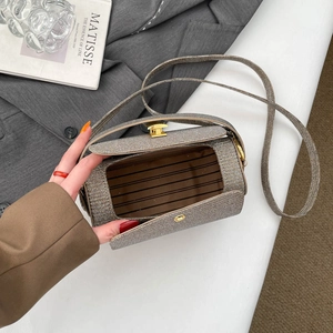 Elegant woven metallic box bag with striped lining and gold hardware on a grey suit