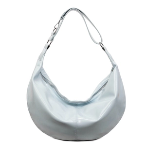 Light blue patent leather half-moon shoulder bag with adjustable strap and silver zipper