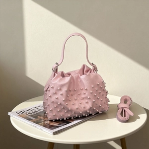Borsa A Secchiello Arricciata Donna Pelle PU Decorazione Künstliche Perle Artificiali Borsa A Mano Nuvola Elegante Spalla Versatile