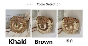 Dettaglio delle borse a tracolla in paglia intrecciata nei colori kaki, marrone e bianco