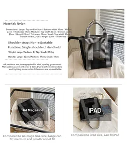 Detailed size chart for nylon tote bags with black ribbon handle in three various sizes